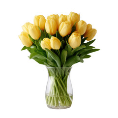 A vibrant bouquet of yellow tulips elegantly arranged in a clear glass vase. The flowers exude freshness and beauty, perfect for brightening any space.