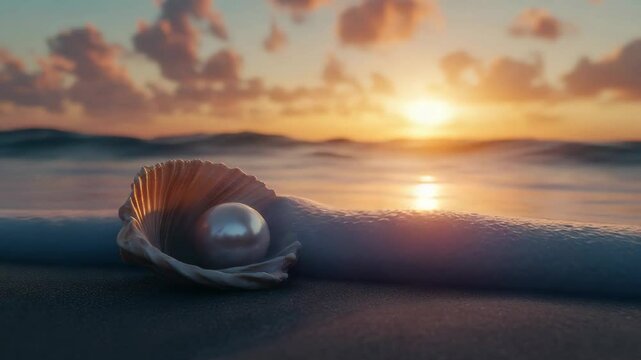 Pearl in an open seashell on sandy beach at sunset reflecting golden hues