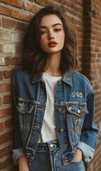 Fototapeta premium Stylish Young Woman in Denim Jacket Leaning Against Brick Wall