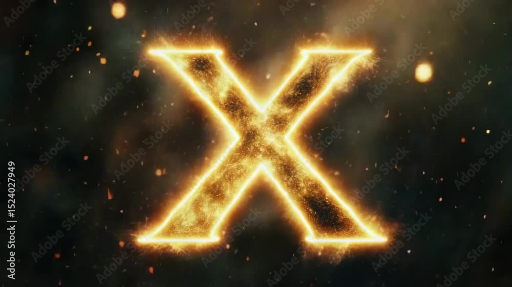 Poster glowing fiery letter x sparkles with dynamic energy in dark background
