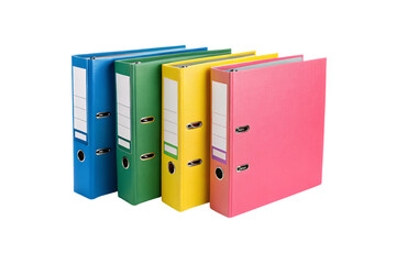 Four bright colored ring binder folders in blue, green, yellow, pink standing upright together, isolated on a transparent background