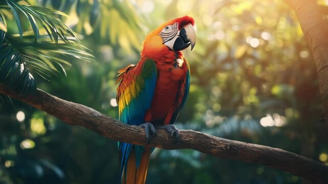 Vibrant scarlet macaw perched on a branch in a sunlit tropical rainforest