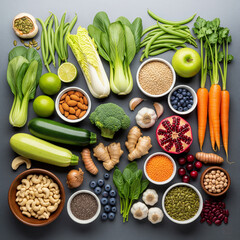 Vibrant Flat Lay of Diverse Healthy Foods Fruits, Vegetables, Nuts, Seeds, and Legumes, Representing a Balanced Indian Diet from Arani, Tamil Nadu