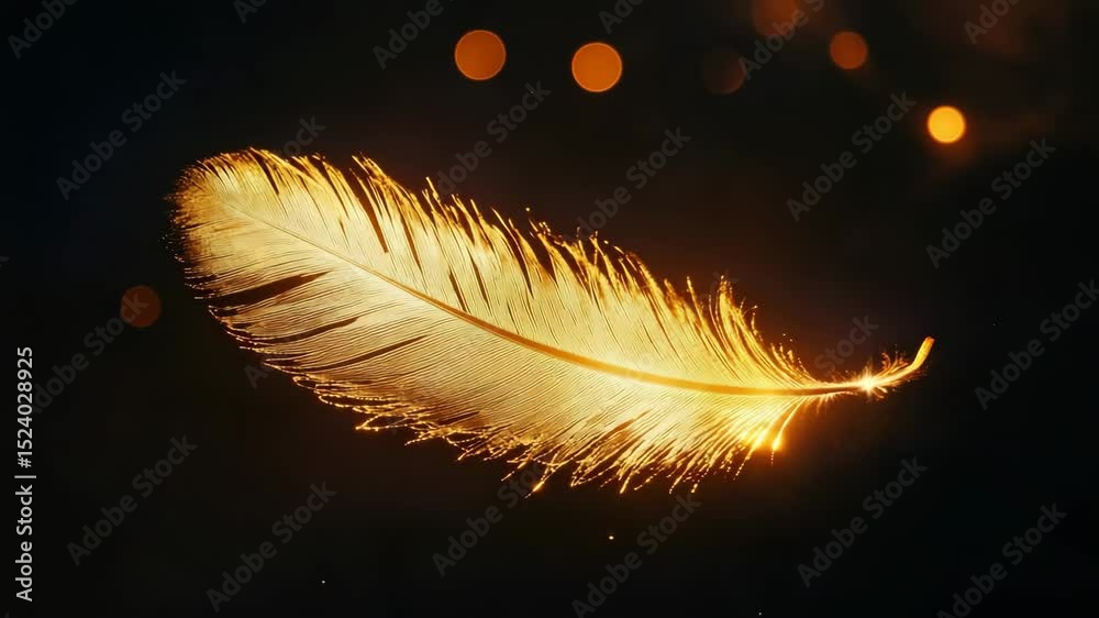 Poster golden feather glowing with warm bokeh lights on a dark background, 3d animation