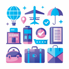 Colorful travel and vacation icons vector set