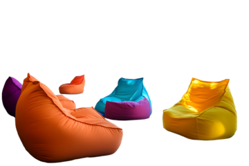 A modern, vibrant lounge area featuring colorful bean bag chairs and large windows allowing natural light to illuminate the space.