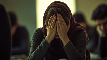 A stressful university exam hall, Iran. A young female student covers her face with her hands in exhaustion and anxiety. The other students are also dim figures, exhausted and stressed. 