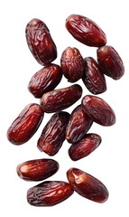 Close-up view of numerous dried dates, clustered together against a black background