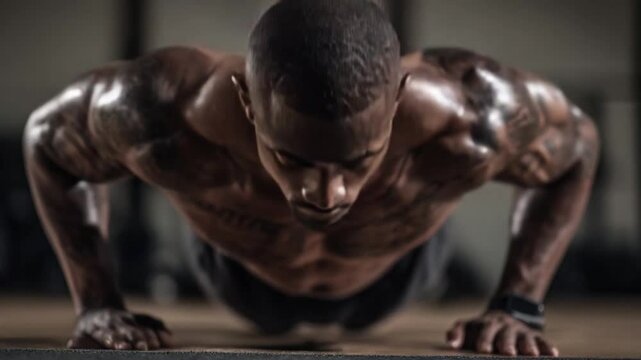 Push-up Power: A muscular individual with sweat-glistened skin engages in a rigorous push-up exercise, capturing the essence of physical prowess and dedication to fitness.