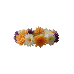 Colorful crown of flowers featuring vibrant orange, yellow, and purple blooms, elegantly arranged for a cheerful and festive touch against a white isolated background.
