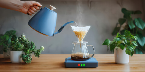 Pouring hot water from blue kettle into glass coffee dripper with fresh coffee brewing wooden table with green plants