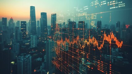 Futuristic urban landscape with financial charts overlaid on modern cityscape visuals - Powered by Adobe