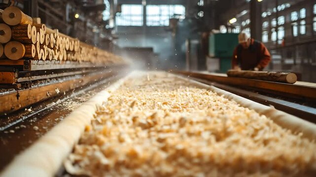 Paper mill with logs entering and paper sheets emerging