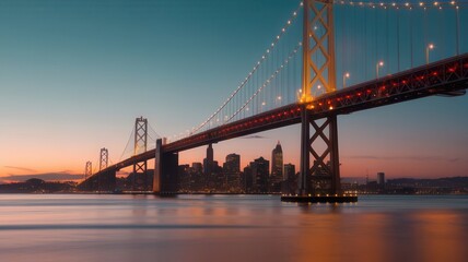 Naklejka premium San Francisco Bay Bridge Illuminated Against the City Skyline at Twilight