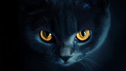 Close-up of a mysterious cat with glowing amber eyes in the dark ambiance - Powered by Adobe