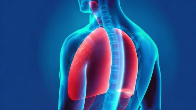 Human Respiratory System: A detailed, illuminated 3D anatomical rendering of the human lungs, highlighting the complexity of the respiratory system within a simplified human form.