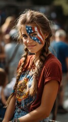 4th of july celebration on the street, woman face painted as american flag. ai generated