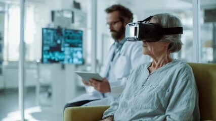 Patient's VR Experience: In a cutting-edge medical setting, an elderly patient experiences a virtual reality session, with a doctor overseeing her. - Powered by Adobe
