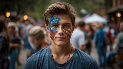 4th of july celebration on the street, woman face painted as american flag. ai generated
