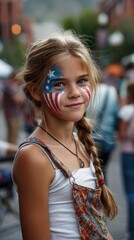 4th of july celebration on the street, woman face painted as american flag. ai generated