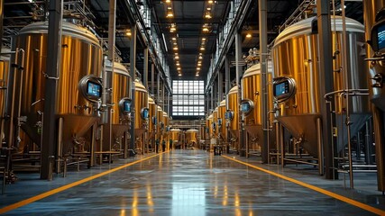 A modern brewery with rows of stainless steel fermentation tanks