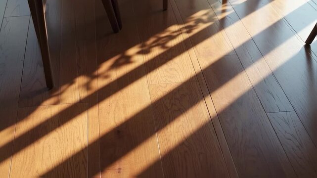 Gentle sunlight streams across a wooden floor, casting warm shadows in an indoor space