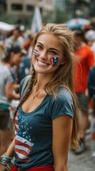 4th of july celebration on the street, woman face painted as american flag. ai generated