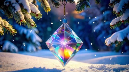 Radiant crystal diamond Christmas ornament hanging on snow covered pine tree branch in winter with rainbow light - Powered by Adobe