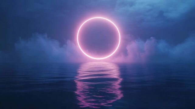 Glowing pink neon circle hovering over water with mystical fog atmosphere