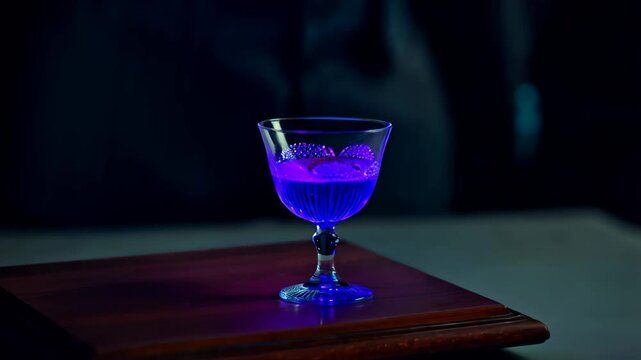 Sci fi futuristic drinks in a glowing pink and purple glass with a gloved hand reaching towards it, set on a dark, reflective surface. Concept of advanced mixology or alien technology