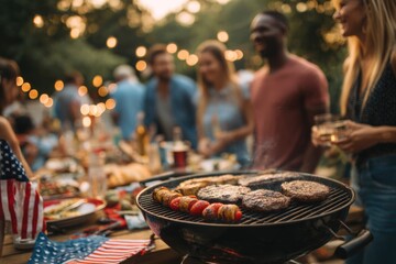 People Having Fun, Sharing Stories with Each Other and Eating at Outdoors celebrating independence day . ai generated