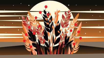 Stylized vector illustration of autumn plants with red berries under a full moon in a warm night gradient
