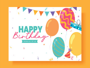 Bright birthday card design with colorful balloons, gift box, bunting flags, and festive confetti on white. Ideal for invitations, banners, social media, or greeting templates.