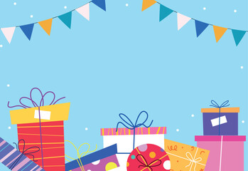 Fun and festive birthday background featuring colorful gift boxes, ribbons, and bunting flags on a light blue backdrop. Great for invitations, greeting cards, and celebration promotions.