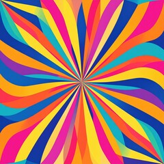 A vibrant, colorful abstract pattern radiating from the center with curved lines in blue, yellow, orange, pink, and teal tones.