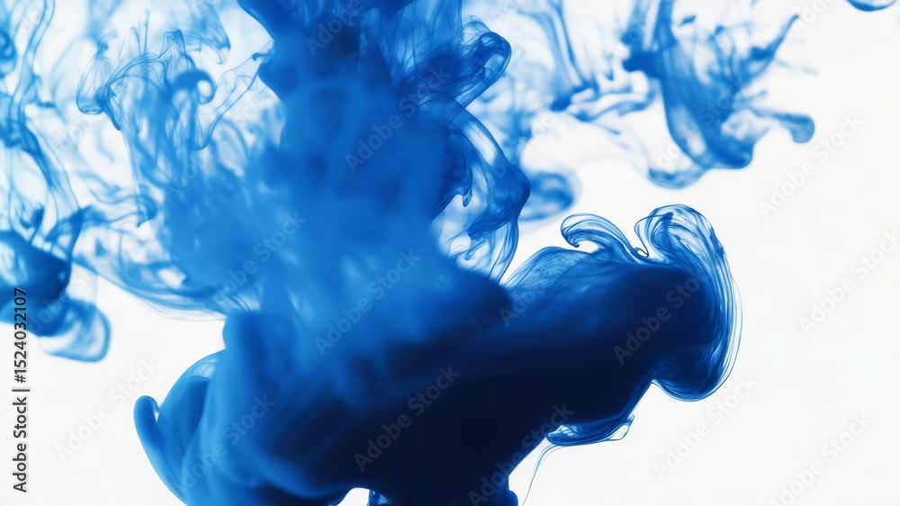 Poster blue ink swirling in water creating abstract shapes on a white background