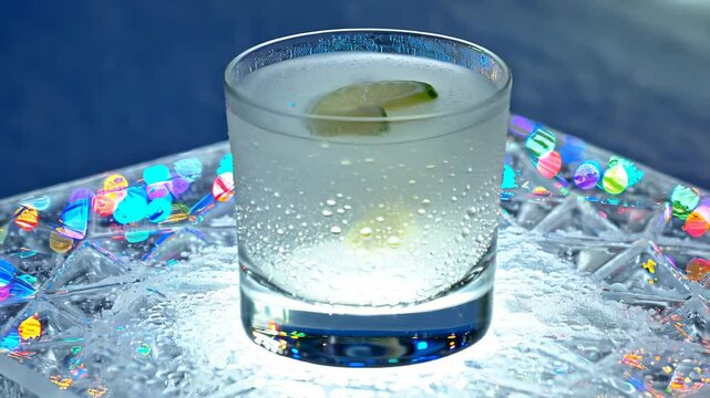 Gin and tonic with lime slice and crystal ouzo, with condensation droplets on a shiny, crystal surface with colorful, lights in the background. Refreshing summer drink concept.