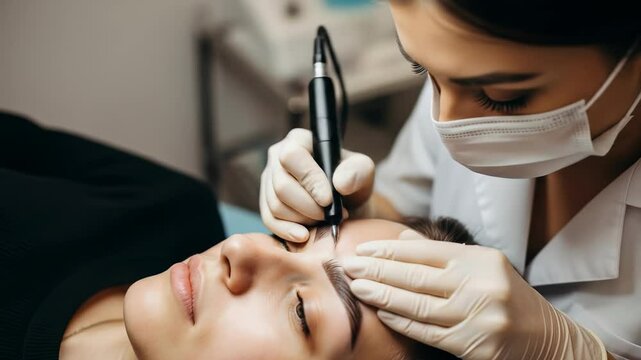 A skilled cosmetic professional performs a permanent makeup procedure on a client's eyebrow in a close-up view. This beauty treatment enhances the appearance of the eyebrows by applying pigment.