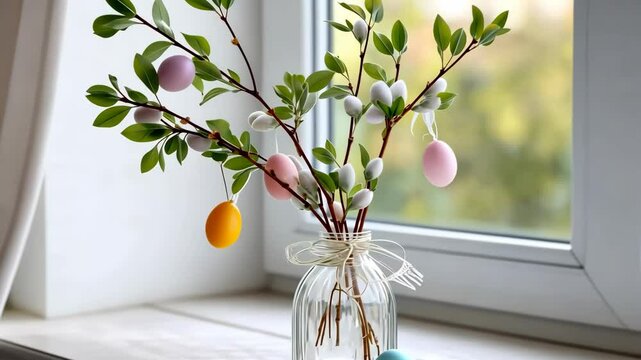 Blooming easter tree with pastel egg ornaments by bright window sill in springtime ambiance