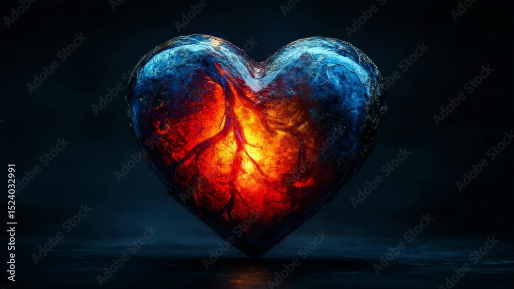Poster fiery ice heart glowing intensely in a dark void, fantasy digital design