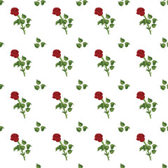 Red rose and separate leaves. Seamless pattern. Vector illustration.