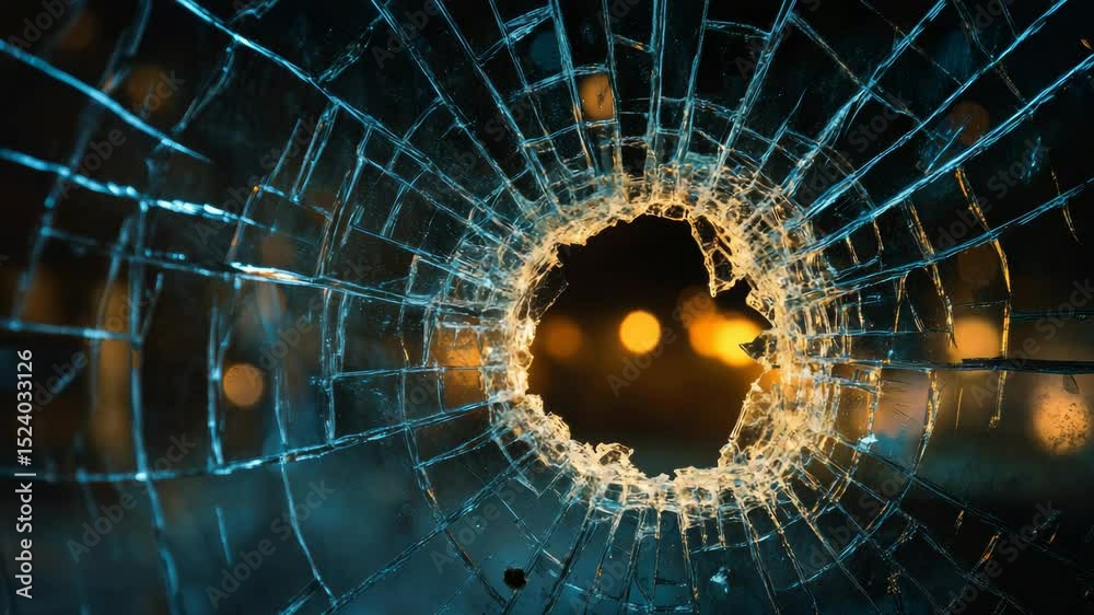 Poster close-up of shattered glass with bokeh effect in warm and cool tones, abstract art