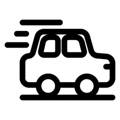 Car is speeding down the road. The car is black and white. The car is moving fast