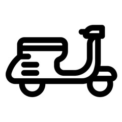 Black and white drawing of a scooter. The scooter is parked on a white background