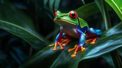 Red-eyed tree frog perched on a green leaf, vivid colors, digital illustration