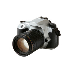 Professional digital camera with lens, showcasing its sleek design and advanced technology, isolated on a white background for clear visibility.
