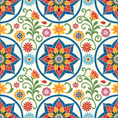 Floral mosaic pattern with colorful flowers and geometric shapes  