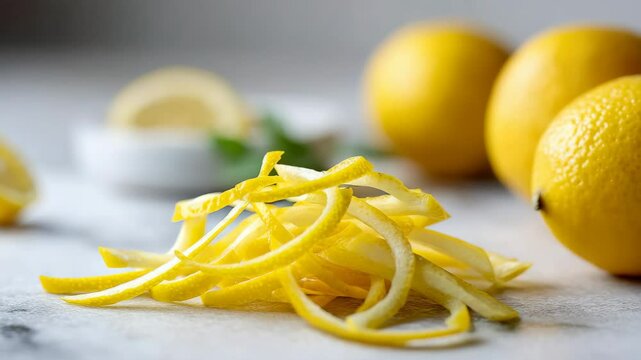 Vibrant lemon zest spirals on marble surface with soft focused background