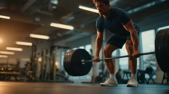Strength and Resolve: A determined individual engages in a powerful weightlifting exercise, demonstrating unwavering strength and focus in a well-equipped gym setting.