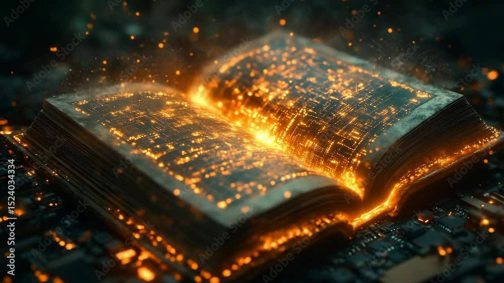Poster glowing digital book with pixels and circuits evoking futuristic technology